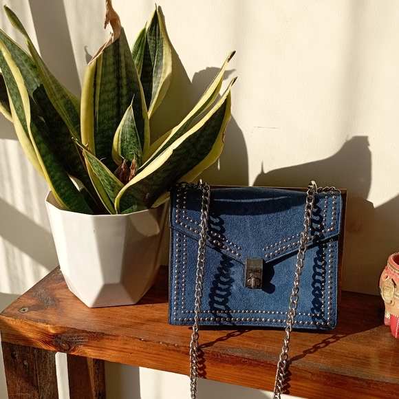 Blue Faux Suede and Faux Leather Sling Bag - Picture 4 of 11